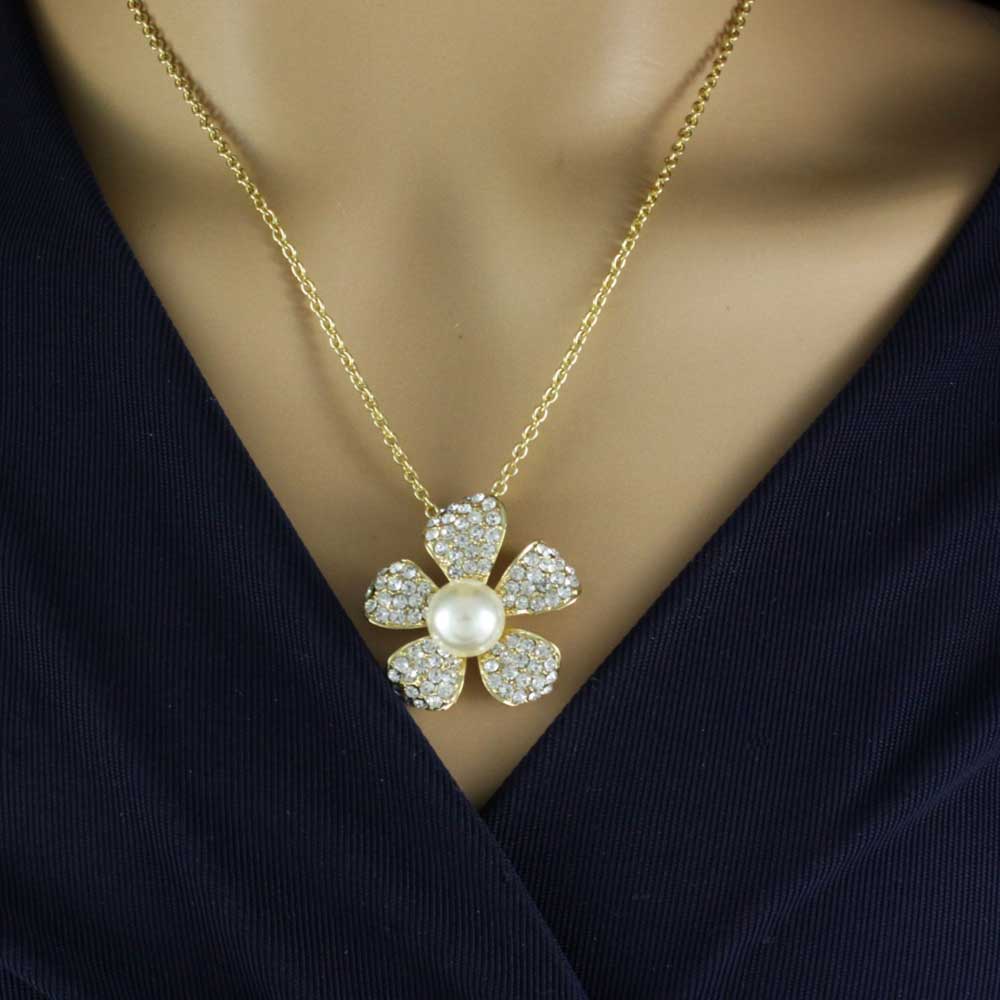 Crystal and Pearl Flower Pendant on Gold - tone Chain - PT408 - Lilylin Designs