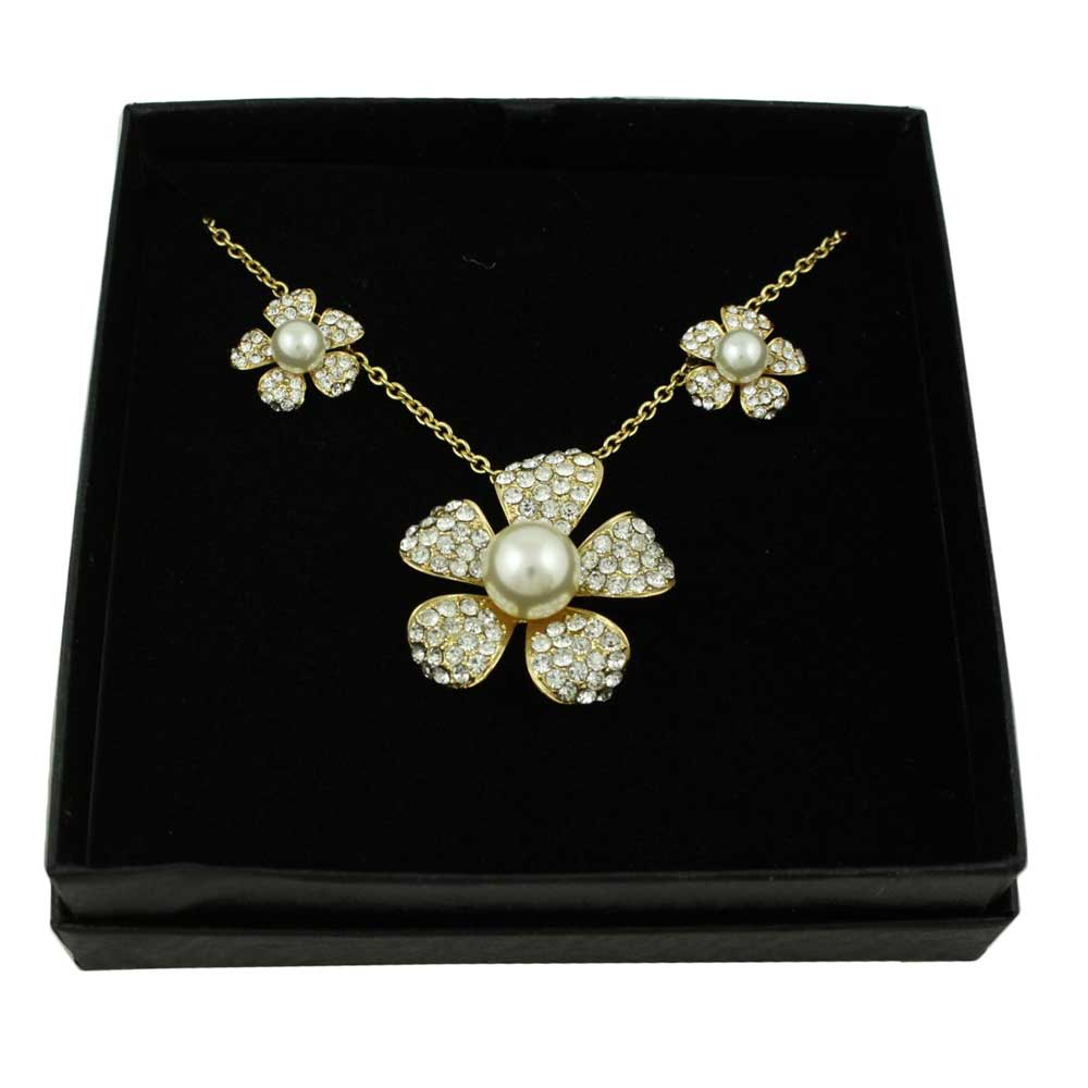 Crystal and Pearl Flower Pendant with Pierced Earring Set - Lilylin Designs
