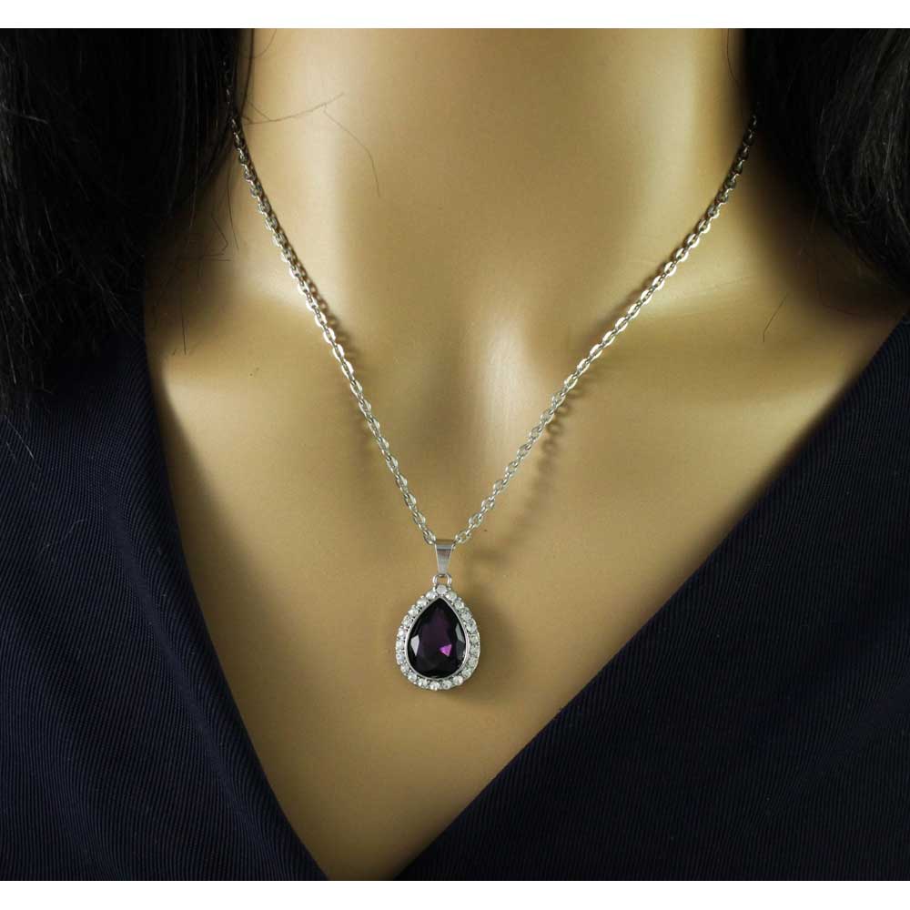 Dark Purple Crystal Teardrop Pendant on Silver Chain - PT410A - Lilylin Designs