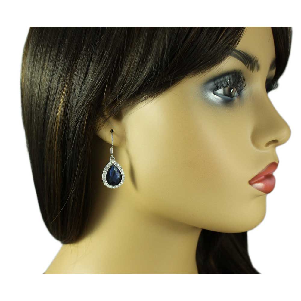 Dark Blue Crystal Teardrop Dangling Pierced Earring - PT410ME - Lilylin Designs