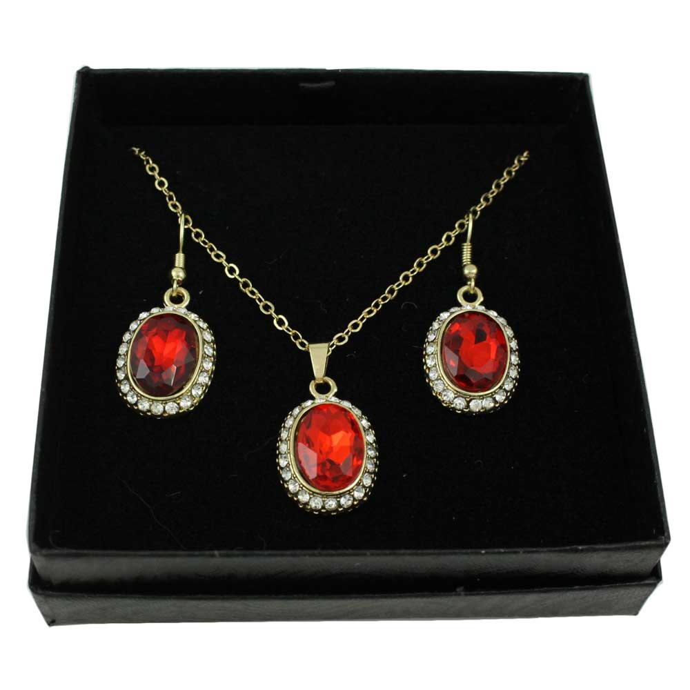Red Oval Crystal Necklace with Matching Earring Gift Set - PT411SBS - Lilylin Designs