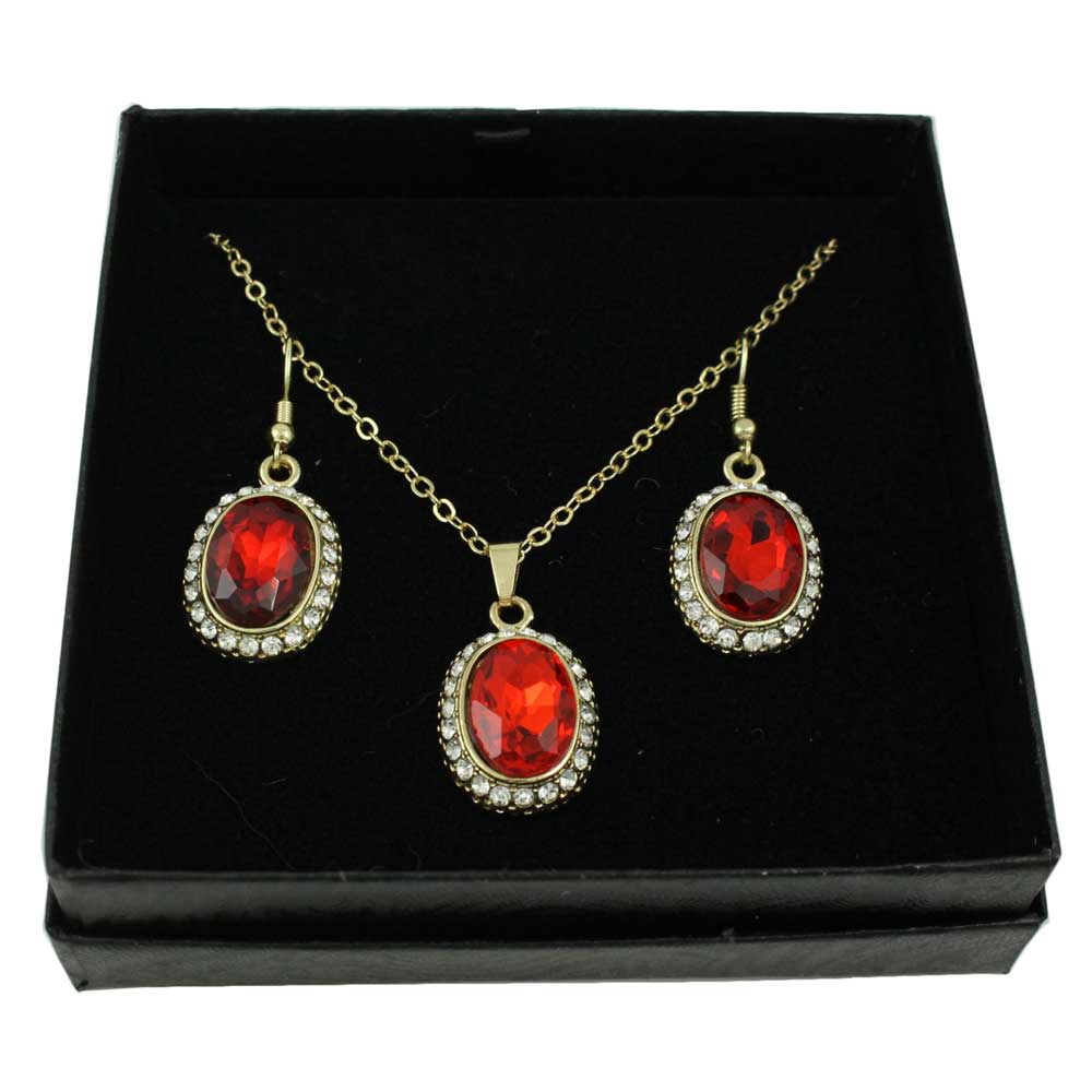 Lilylin Designs Red Oval Crystal Necklace with Matching Earring Set