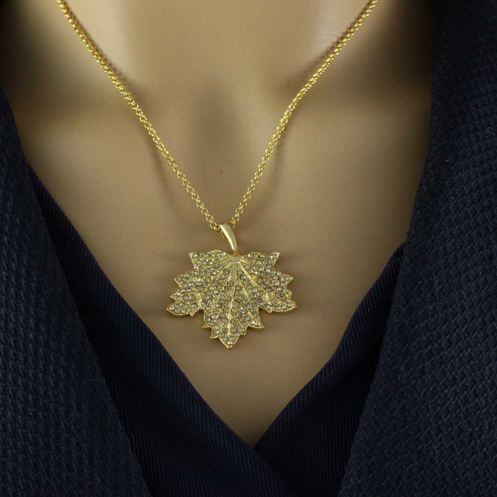 Light Topaz Crystal Maple Leaf Necklace and Earring Set - PT412BS - Lilylin Designs