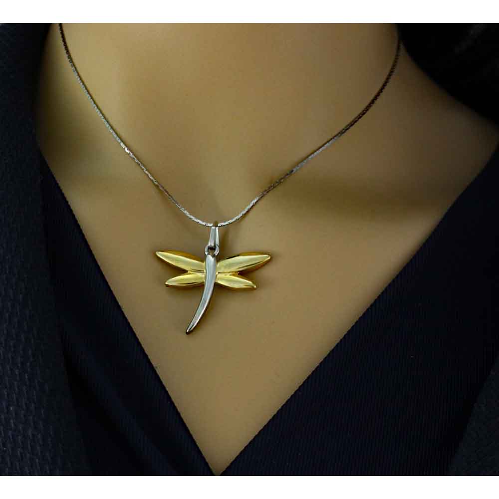 Gold and Silver Dragonfly Pendant with Silver Chain - PT471 - Lilylin Designs