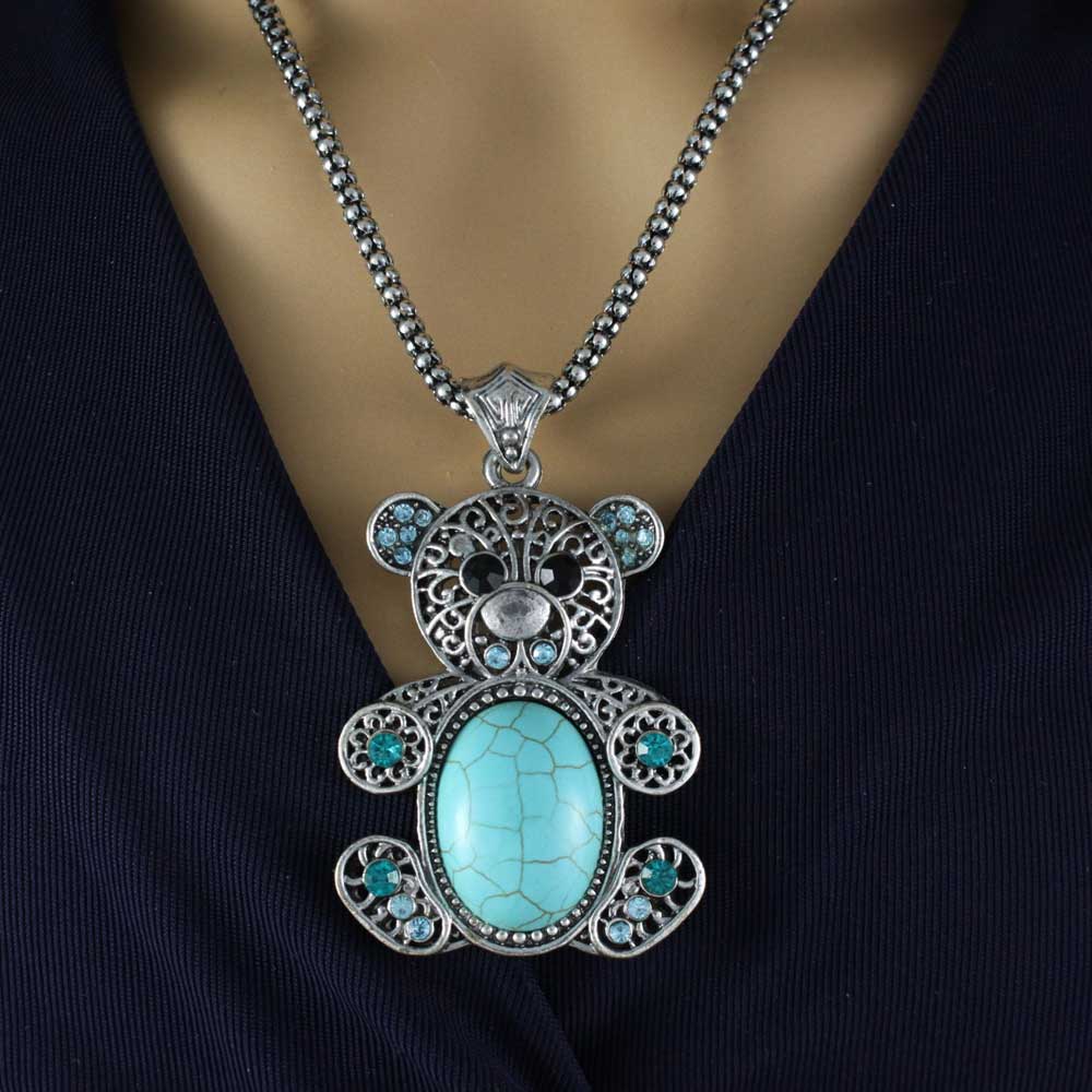 Large Turquoise Teddy Bear Pendant on Silver - tone Chain - PT509 - Lilylin Designs