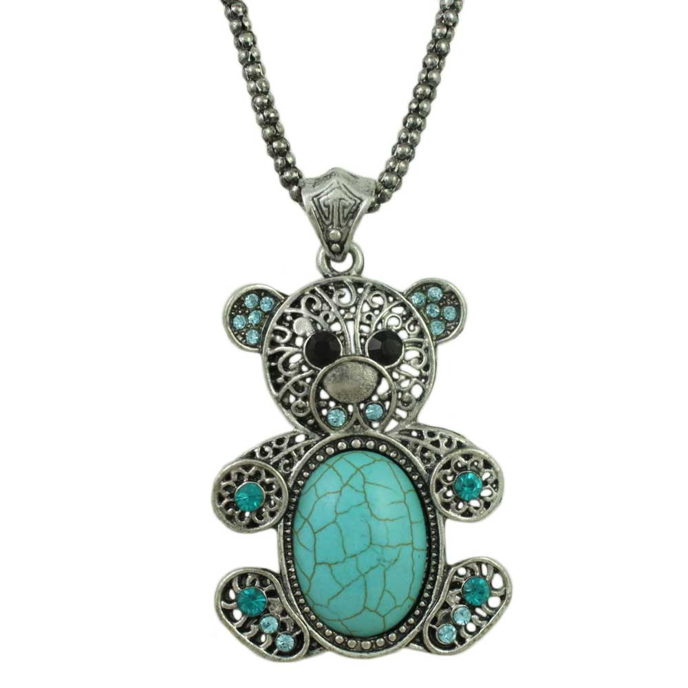 Large Turquoise Teddy Bear Pendant on Silver - tone Chain - PT509 - Lilylin Designs