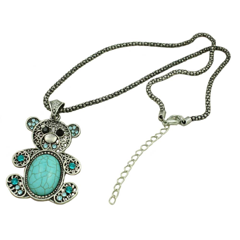 Large Turquoise Teddy Bear Pendant on Silver - tone Chain - PT509 - Lilylin Designs