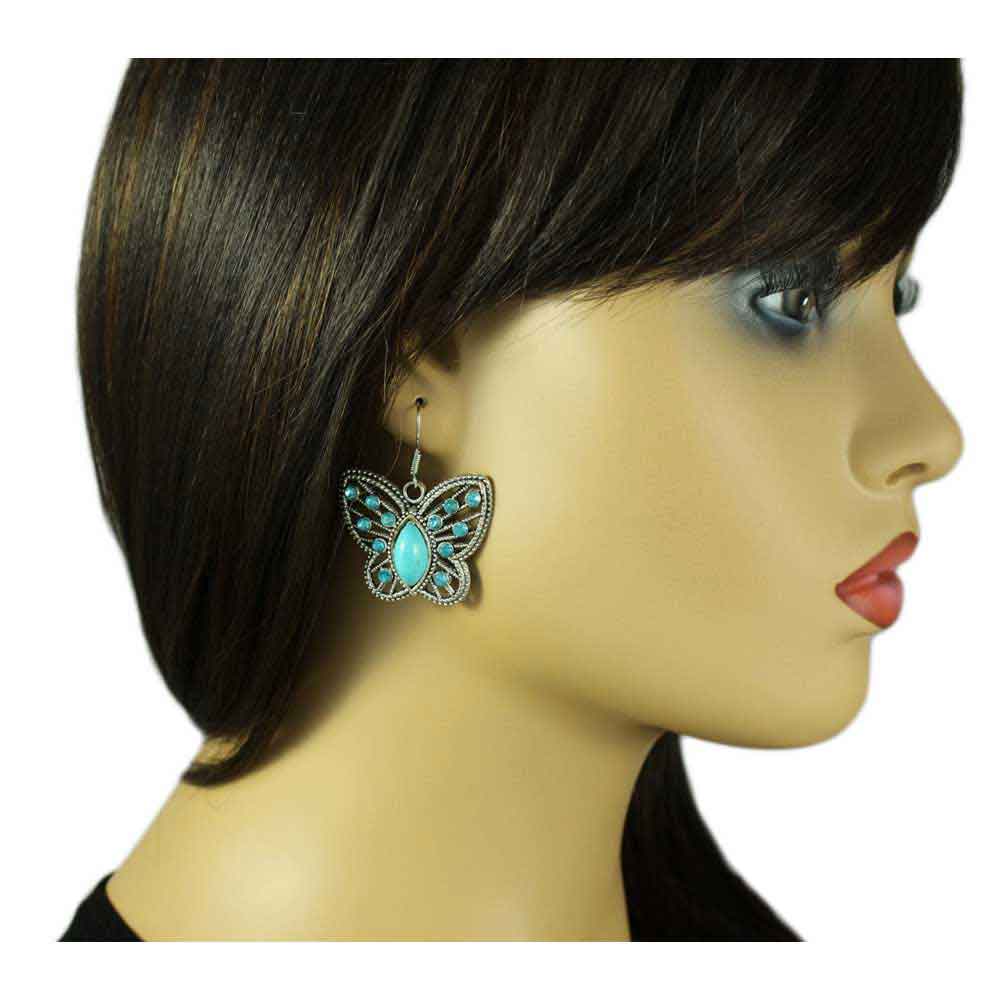 Turquoise with Blue Crystals Butterfly Pierced Earring - PT511E - Lilylin Designs