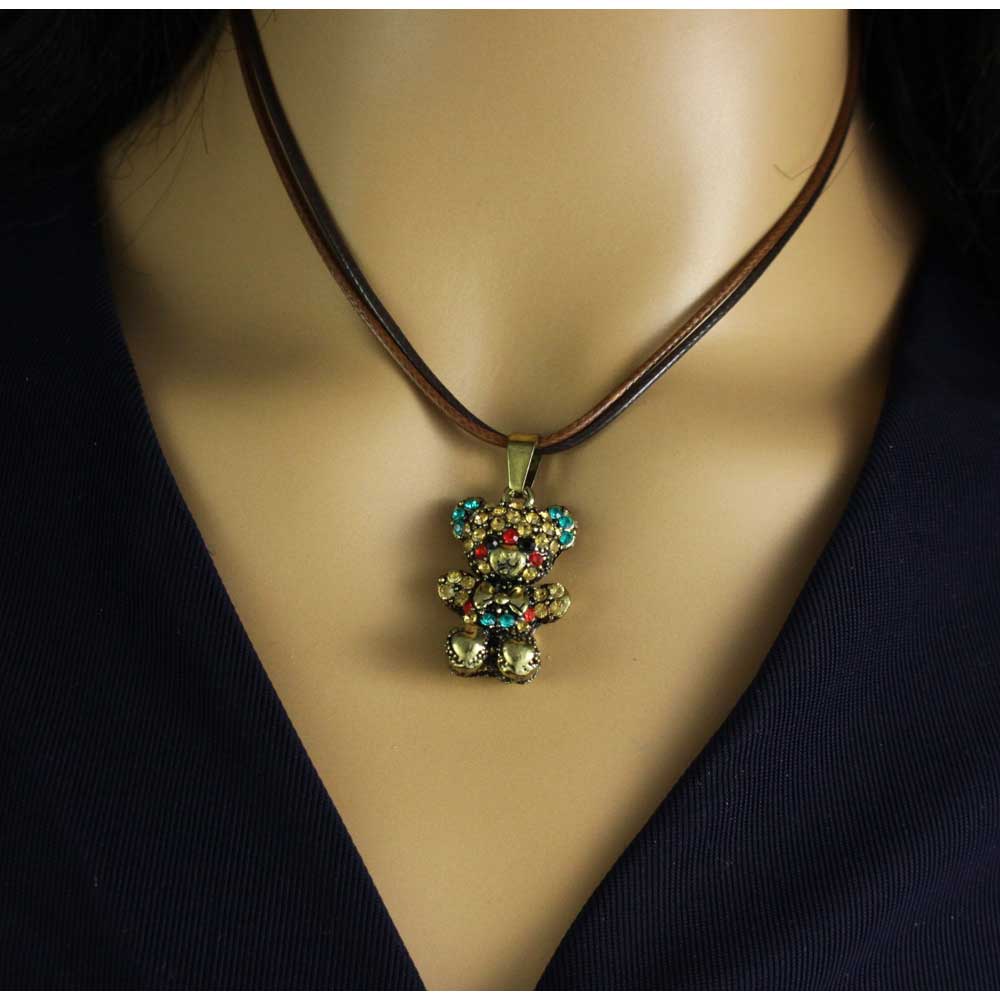 Crystal Teddy Bear Pendant on Black and Brown Cord - PT512 - Lilylin Designs