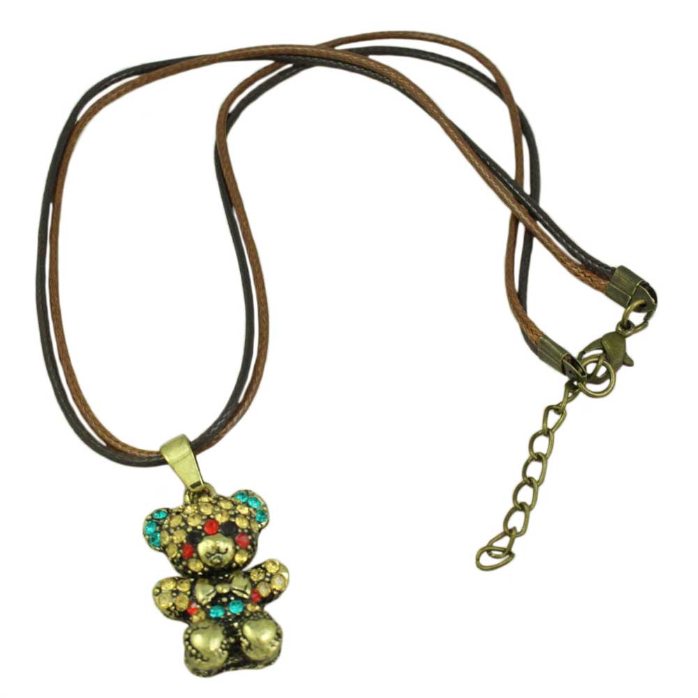 Crystal Teddy Bear Pendant on Black and Brown Cord - PT512 - Lilylin Designs