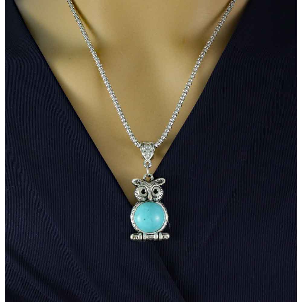 Turquoise Owl Pendant on Antique Silver Chain - PT515 - Lilylin Designs
