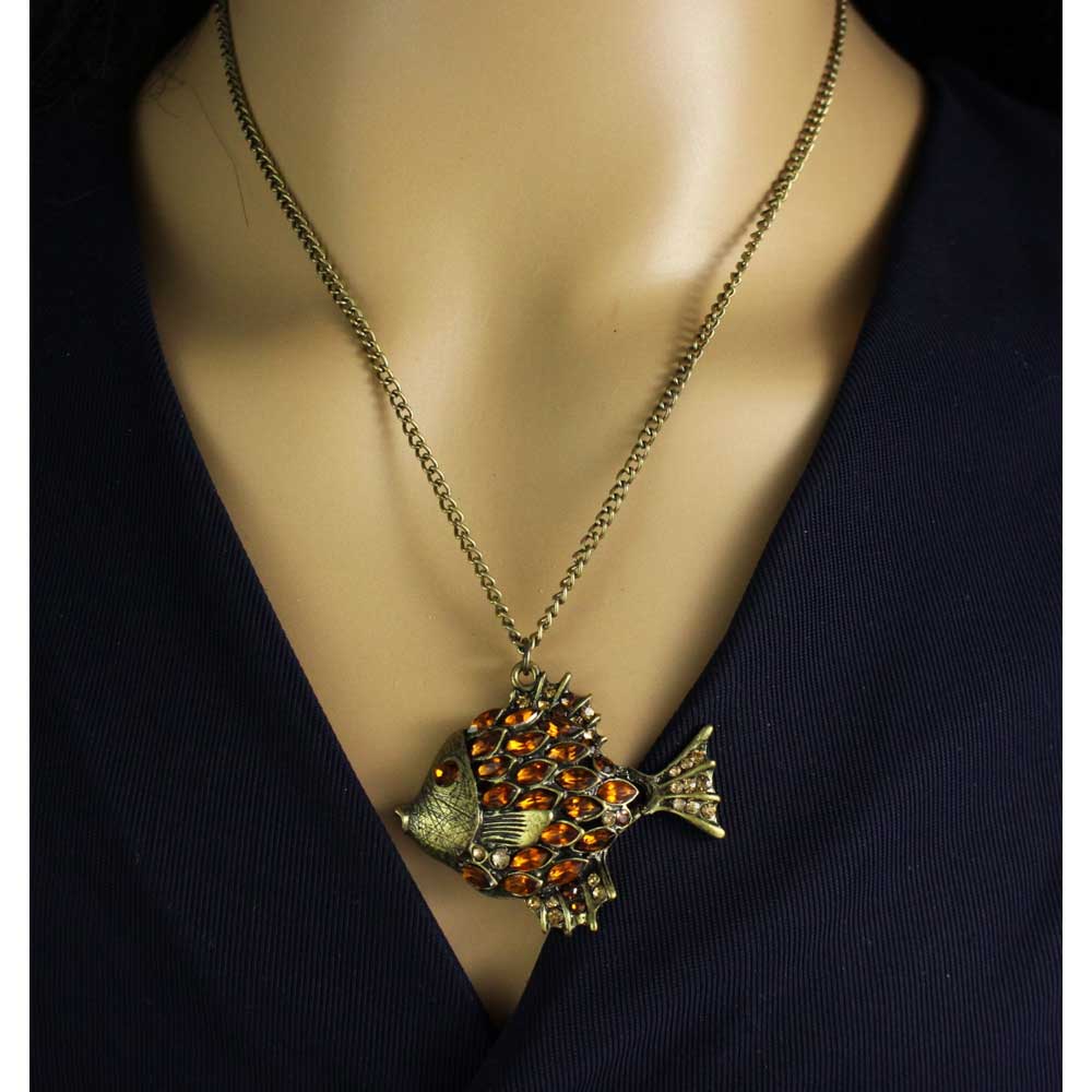 Antique Brown Crystal Angelfish Pendant on Gold Chain - PT517 - Lilylin Designs