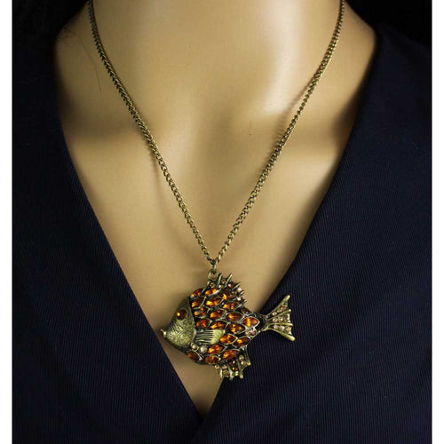 Antique Brown Crystal Angelfish Pendant on Gold Chain - PT517 - Lilylin Designs