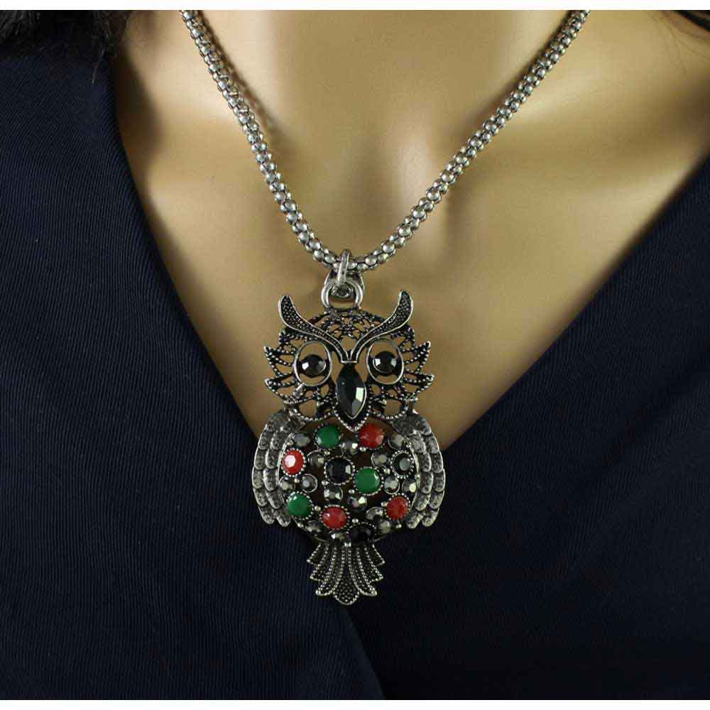 Large Black Owl Pendant on Antique Silver Chain - PT518 - Lilylin Designs