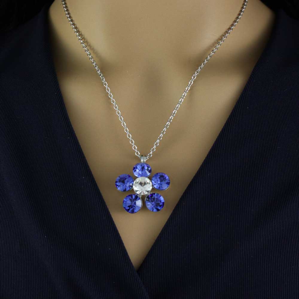 Large Blue Crystal Daisy Pendant on Silver - tone Chain - PT519BL - Lilylin Designs