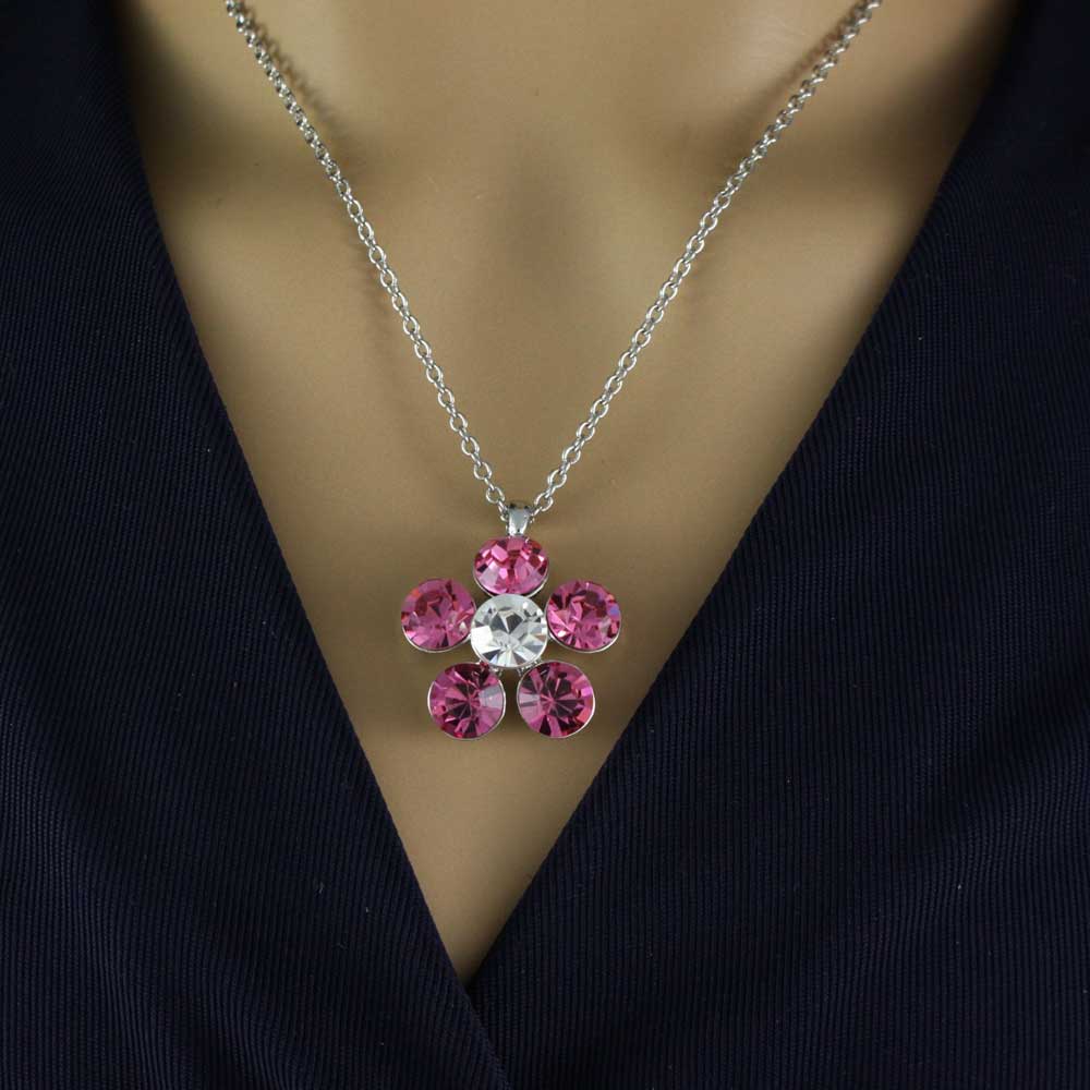 Large Pink Crystal Daisy Pendant on Silver - tone Chain - PT519PK - Lilylin Designs