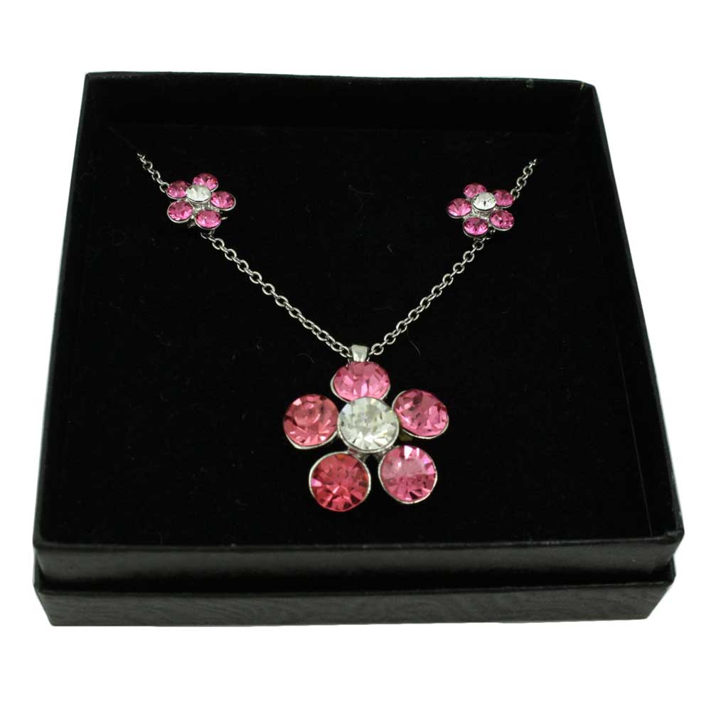 Fuchsia Pink Ribbon Crystal Necklace and Earrings Set Large