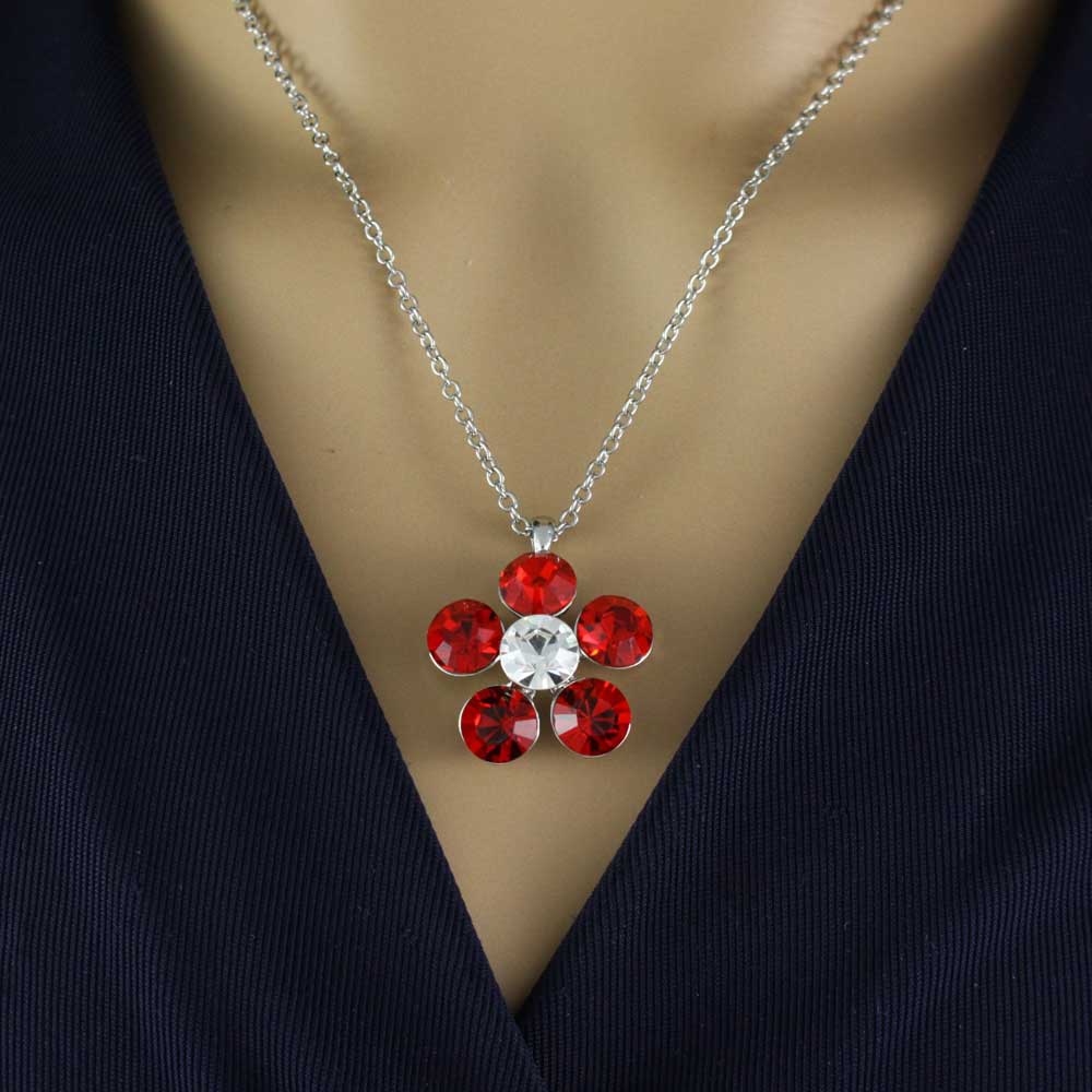 Large Red Crystal Daisy Pendant on Silver - tone Chain - PT519RD - Lilylin Designs