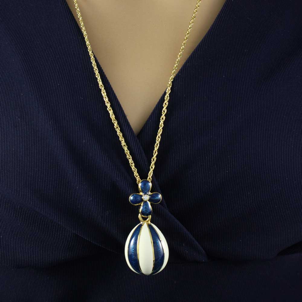 Blue and White Enamel Striped Egg Pendant on Gold Chain - PT610 - Lilylin Designs