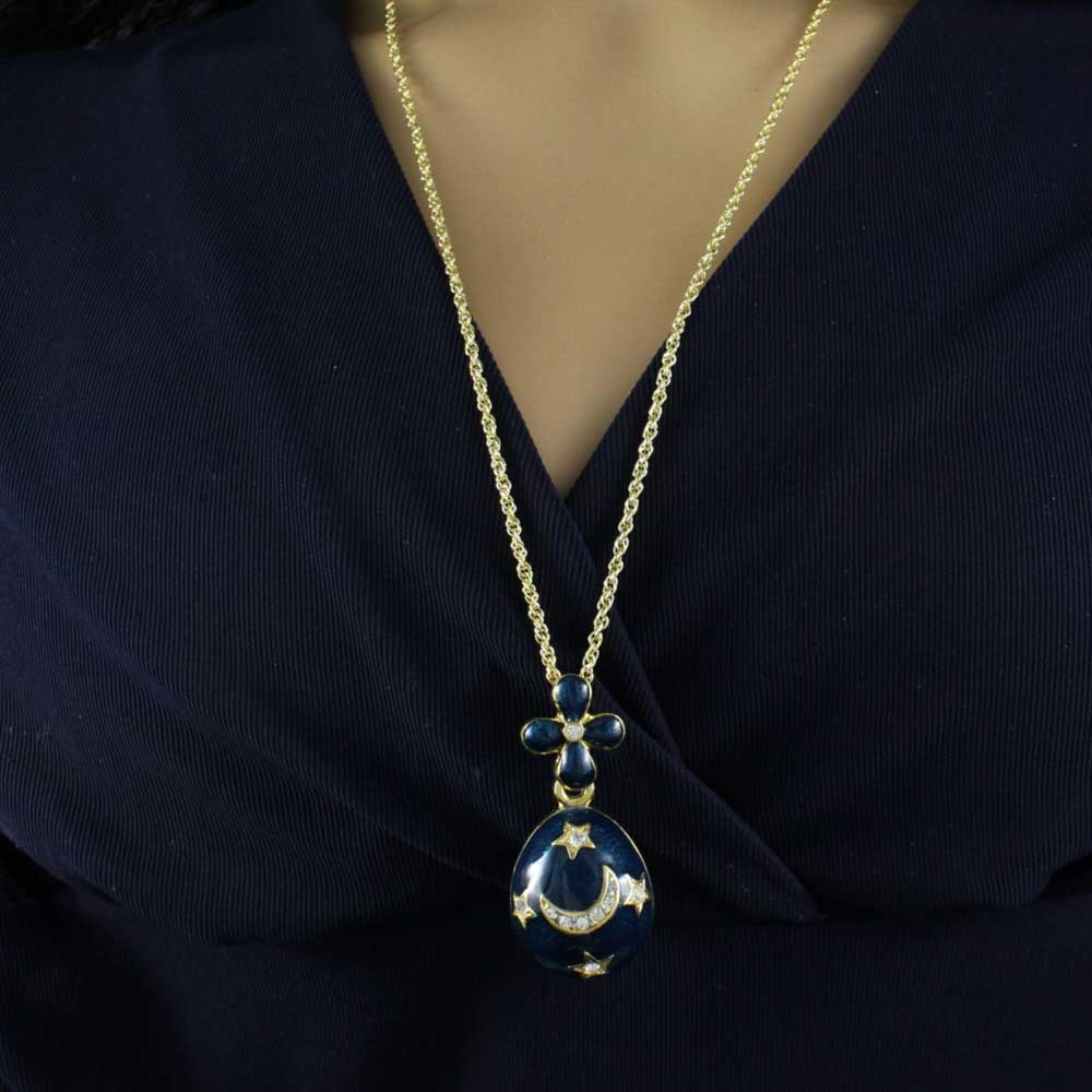 Blue Enamel and Crystals Celestial Egg Pendant on Chain - PT611 - Lilylin Designs