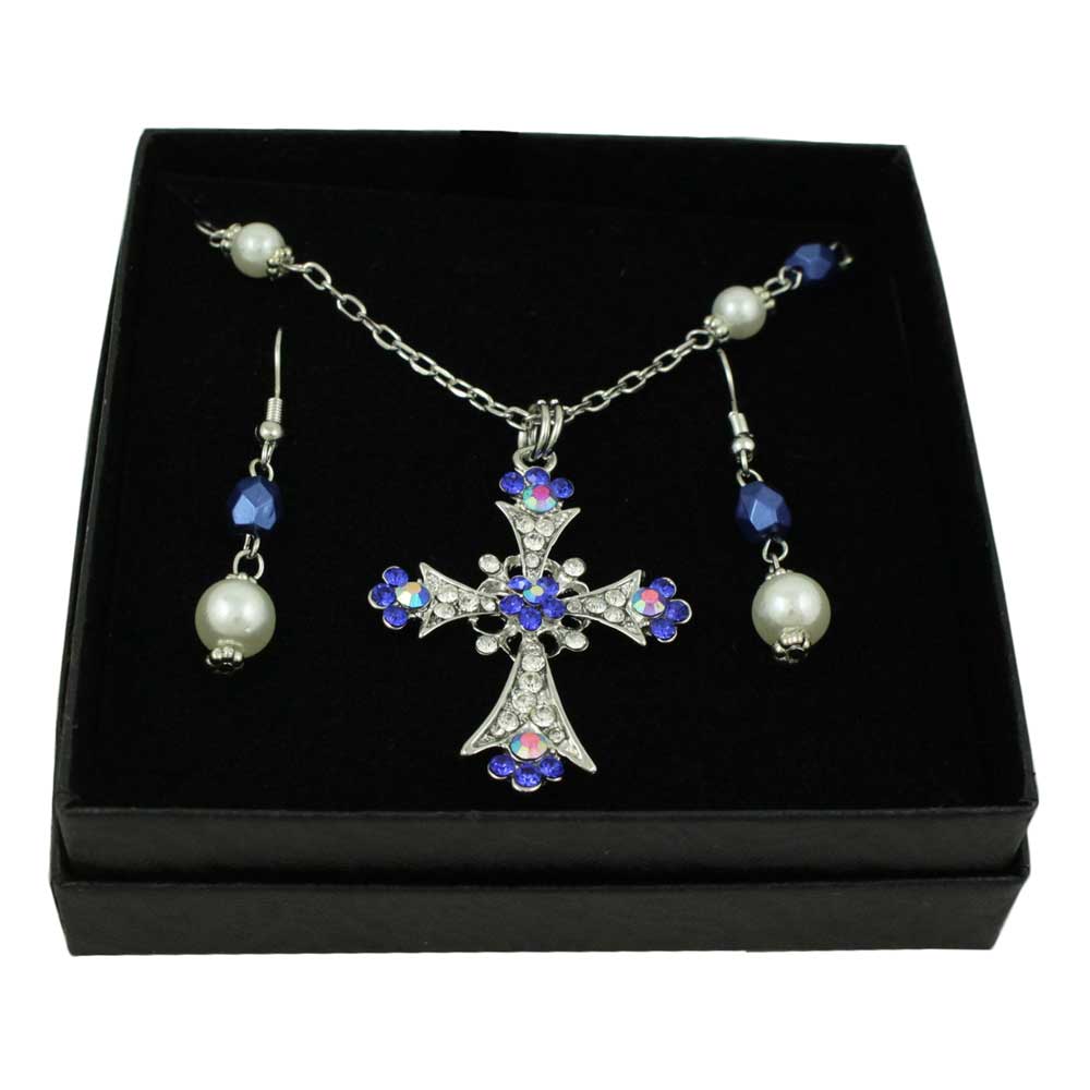 Blue Crystal Cross Necklace and Pierced Earring Set - PT723BL - Lilylin Designs