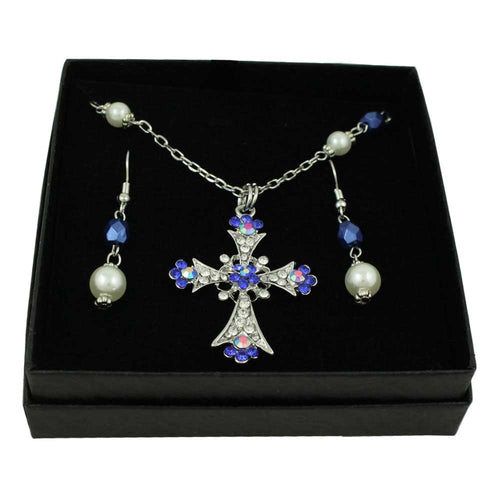 Blue Crystal Cross Necklace and Pierced Earring Set in Gift Box | Lilylin Designs