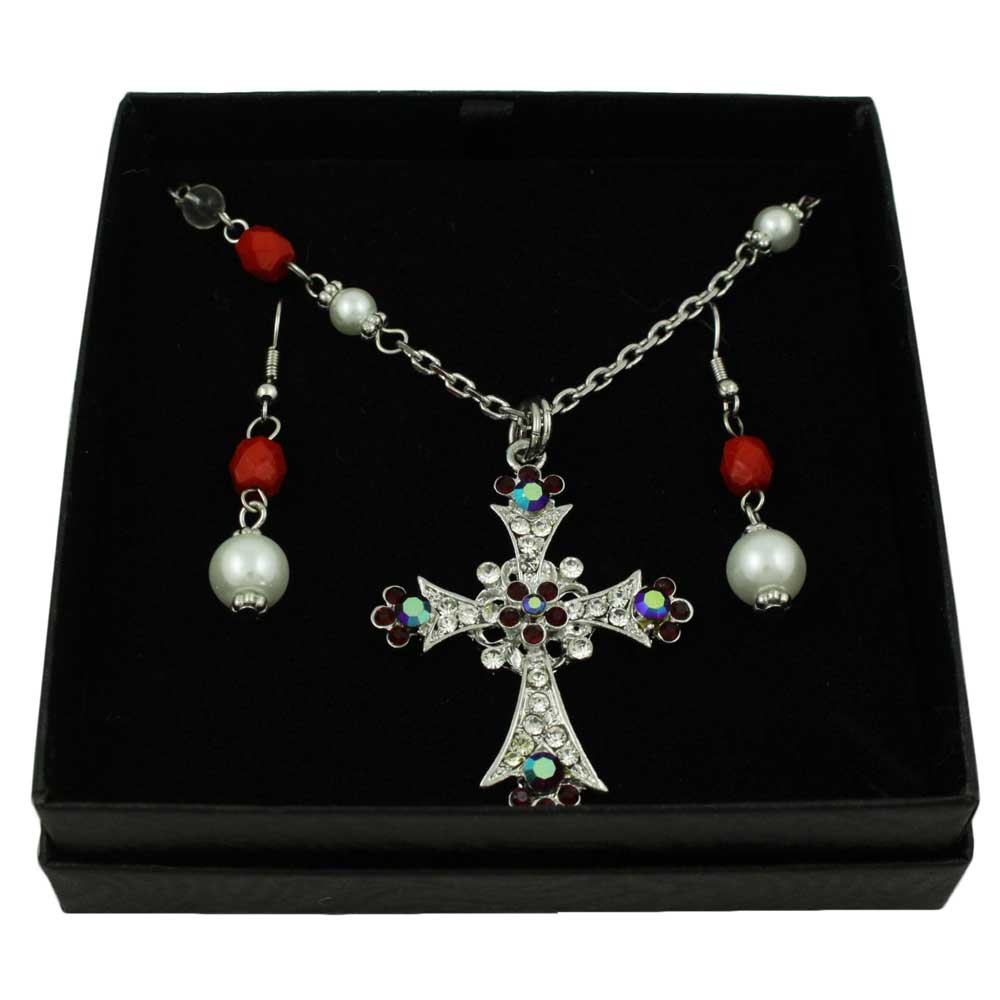 Red Crystal and Pearl Cross Necklace and Earring Set - PT723RD - Lilylin Designs