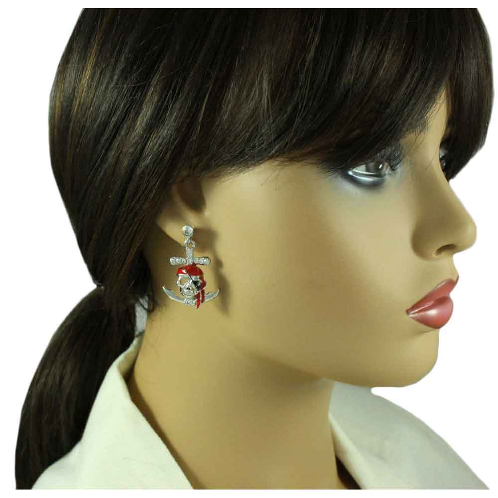 Red Enamel and Crystal Pirate Skull Pierced Earring - PT789E - Lilylin Designs
