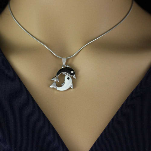 Black and White Yin Yang Dolphins Pendant on Silver Chain - PT801 - Lilylin Designs