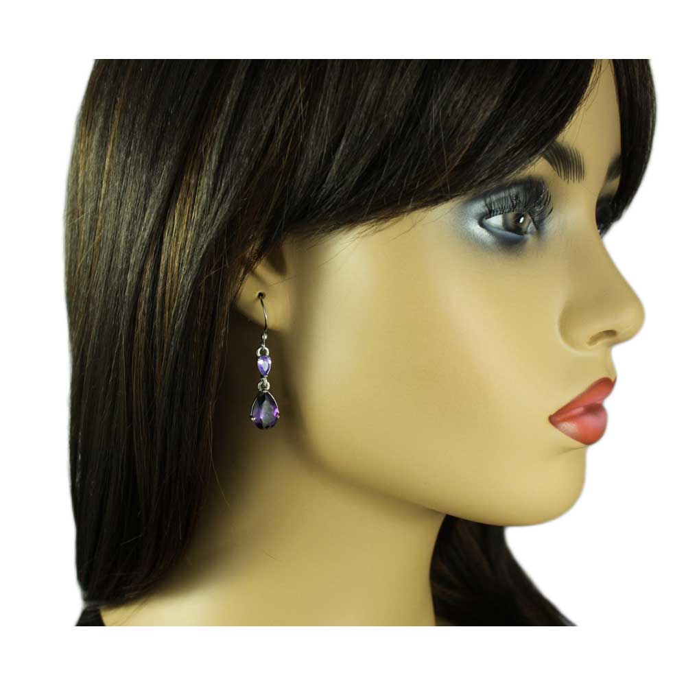 Purple Cubic Zirconia Teardrop Dangling Pierced Earring - PT906E - Lilylin Designs