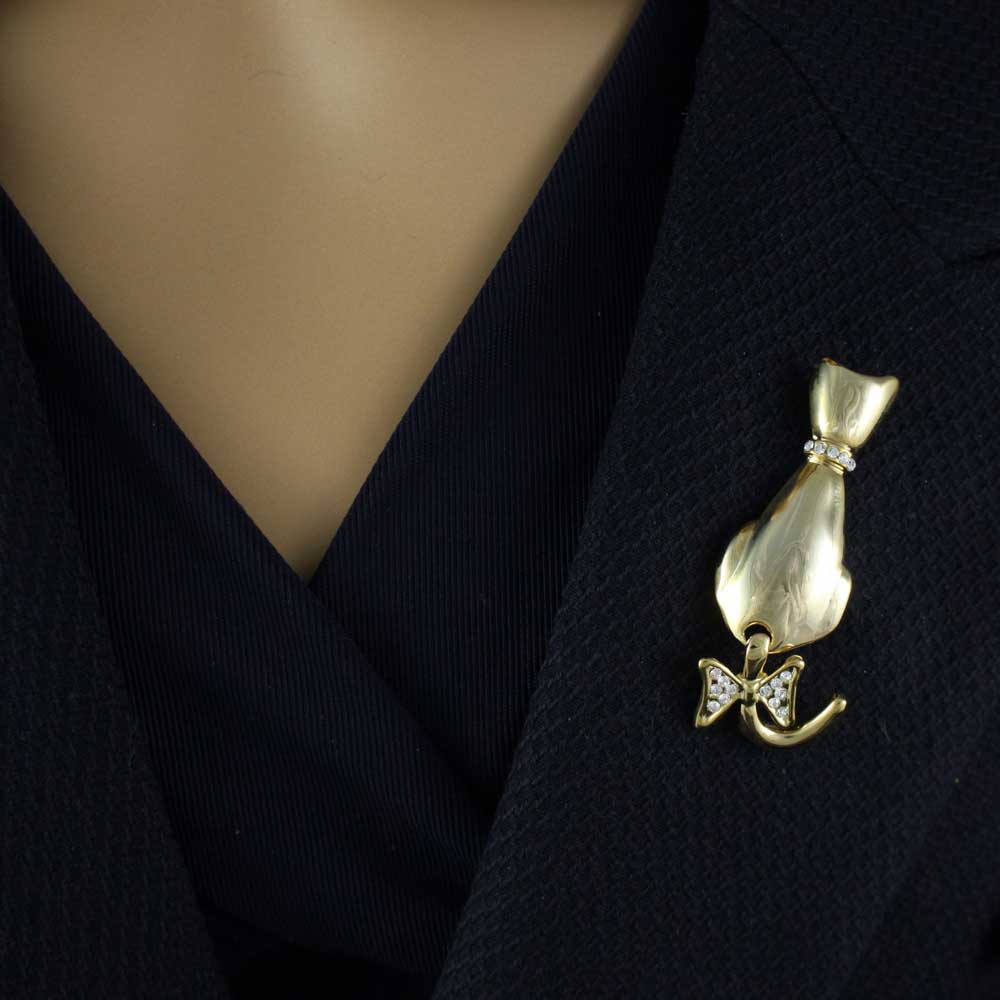 Cat with Crystal Collar and Moving Tail Brooch Pin - RAP111 - Lilylin Designs