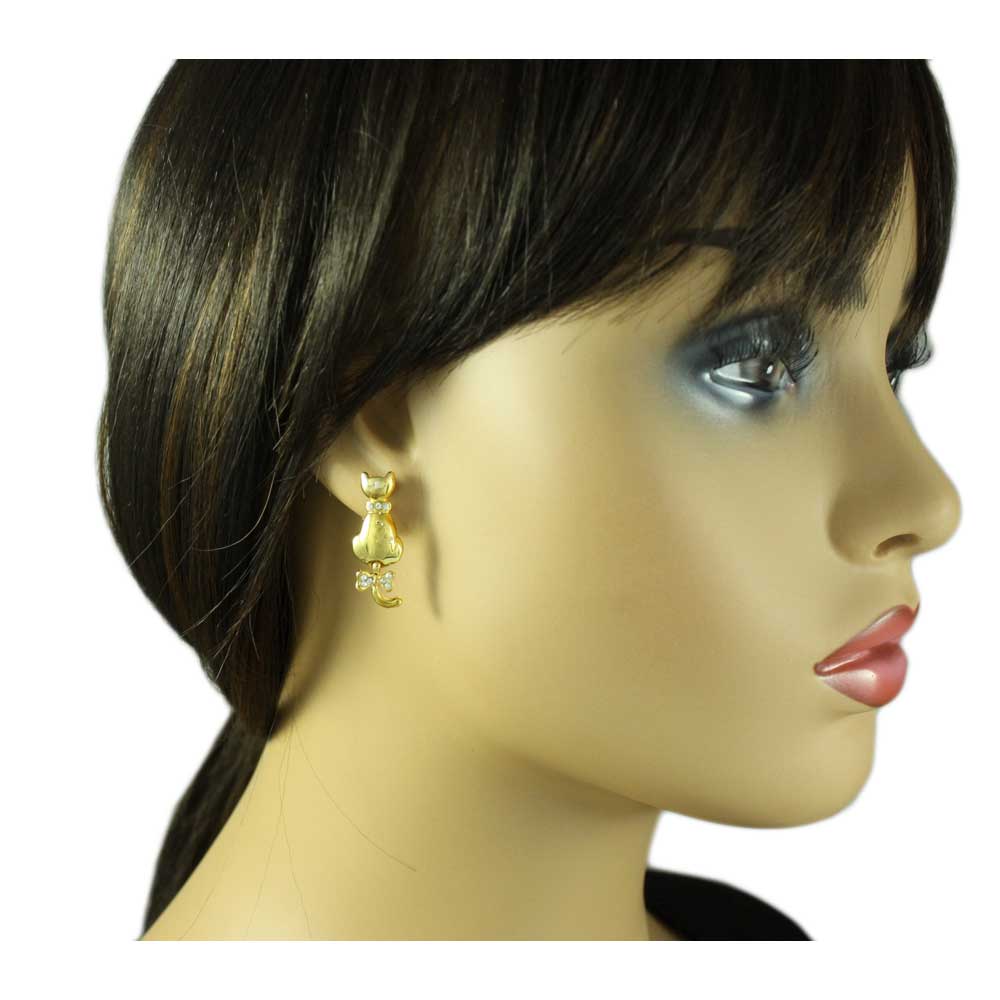 Gold Cat with Crystal Collar Pierced Earring - RAP111E - Lilylin Designs