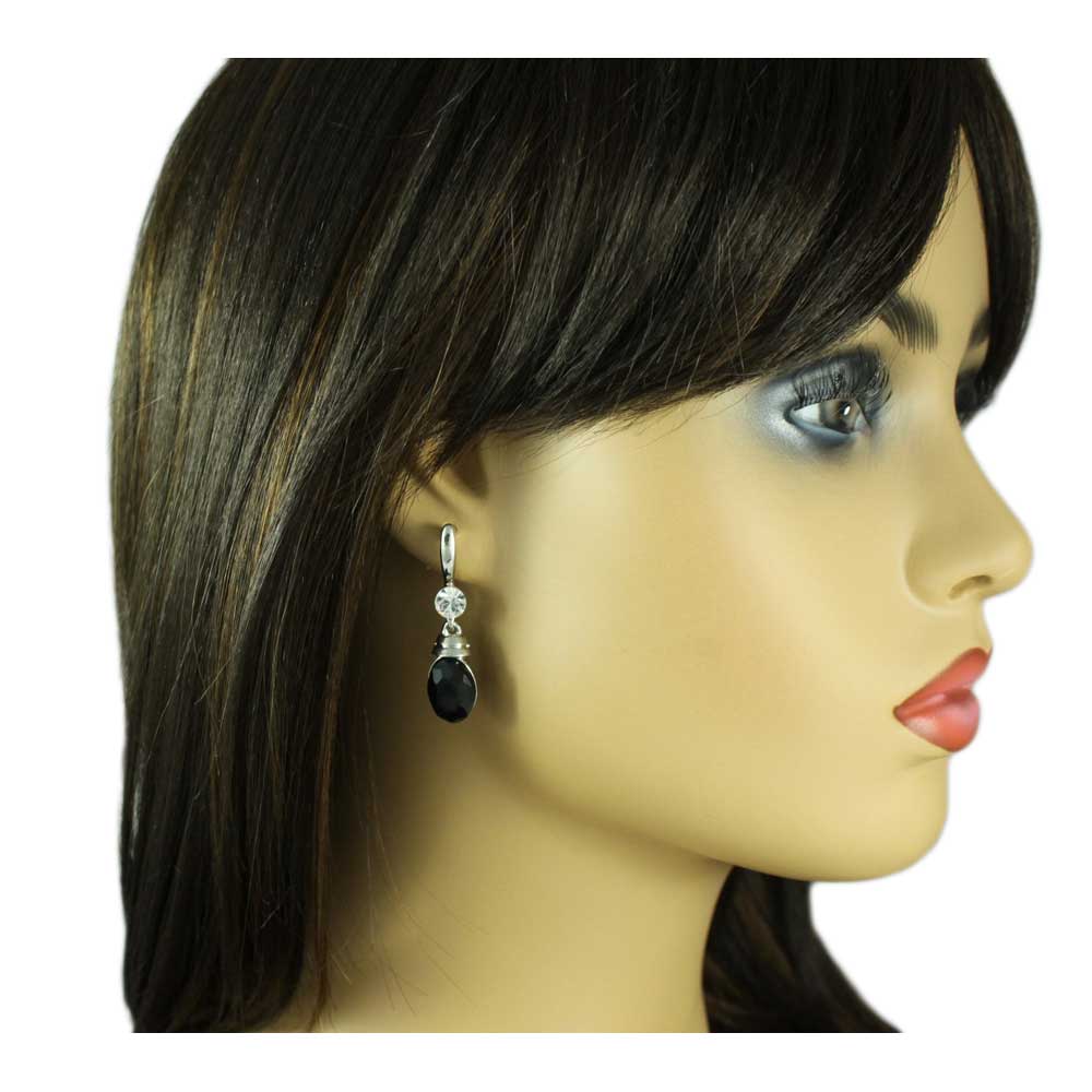 Black Oval Drop with Clear Crystal Pierced Earring - REC020 - Lilylin Designs