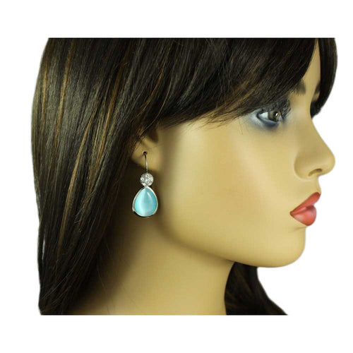 Blue Cats Eye Teardrop with Clear Crystals Pierced Earring - REC021 - Lilylin Designs