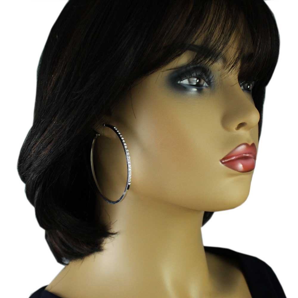 Silver - tone Crystal Studded Large Hoop Pierced Earring - REC031 - Lilylin Designs