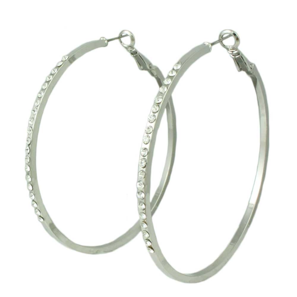 Silver - tone Crystal Studded Large Hoop Pierced Earring - REC031 - Lilylin Designs