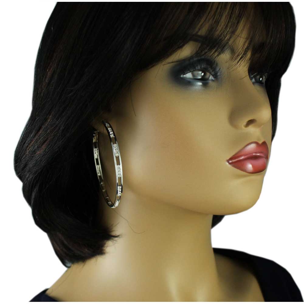 Silver - tone Crystal Cutout Large Hoop Pierced Earring - REC032 - Lilylin Designs