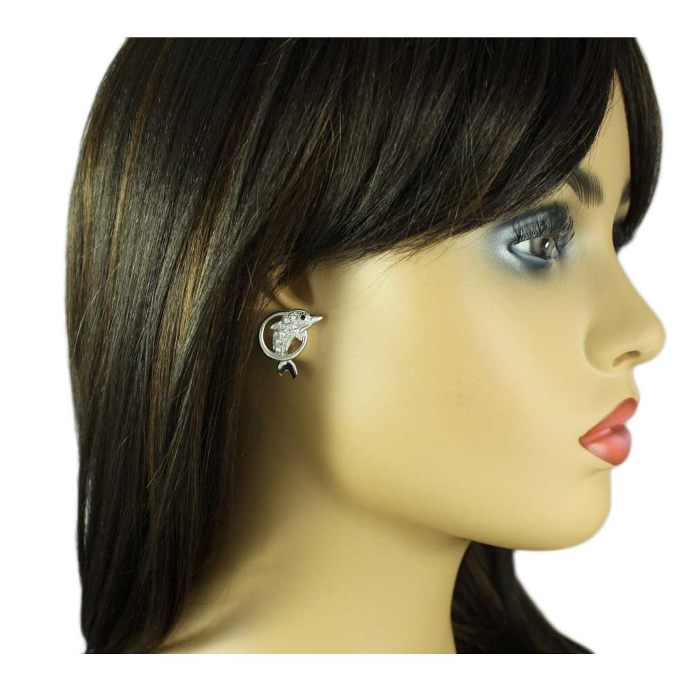 Crystal Dolphin Jumping Through Hoop Pierced Earring - REC148 - Lilylin Designs