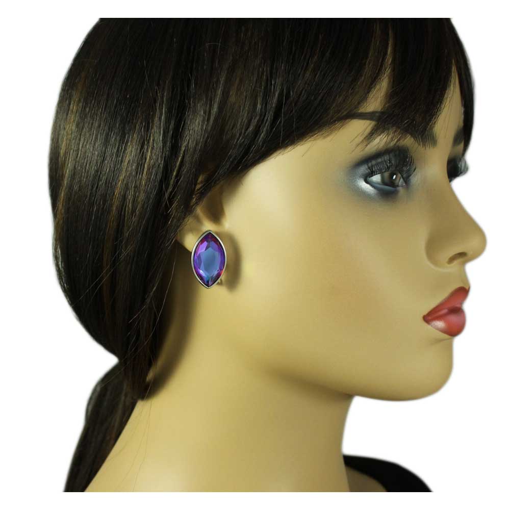 Large Iridescent Purple Marquis Glass Clip Earring - REC280C - Lilylin Designs