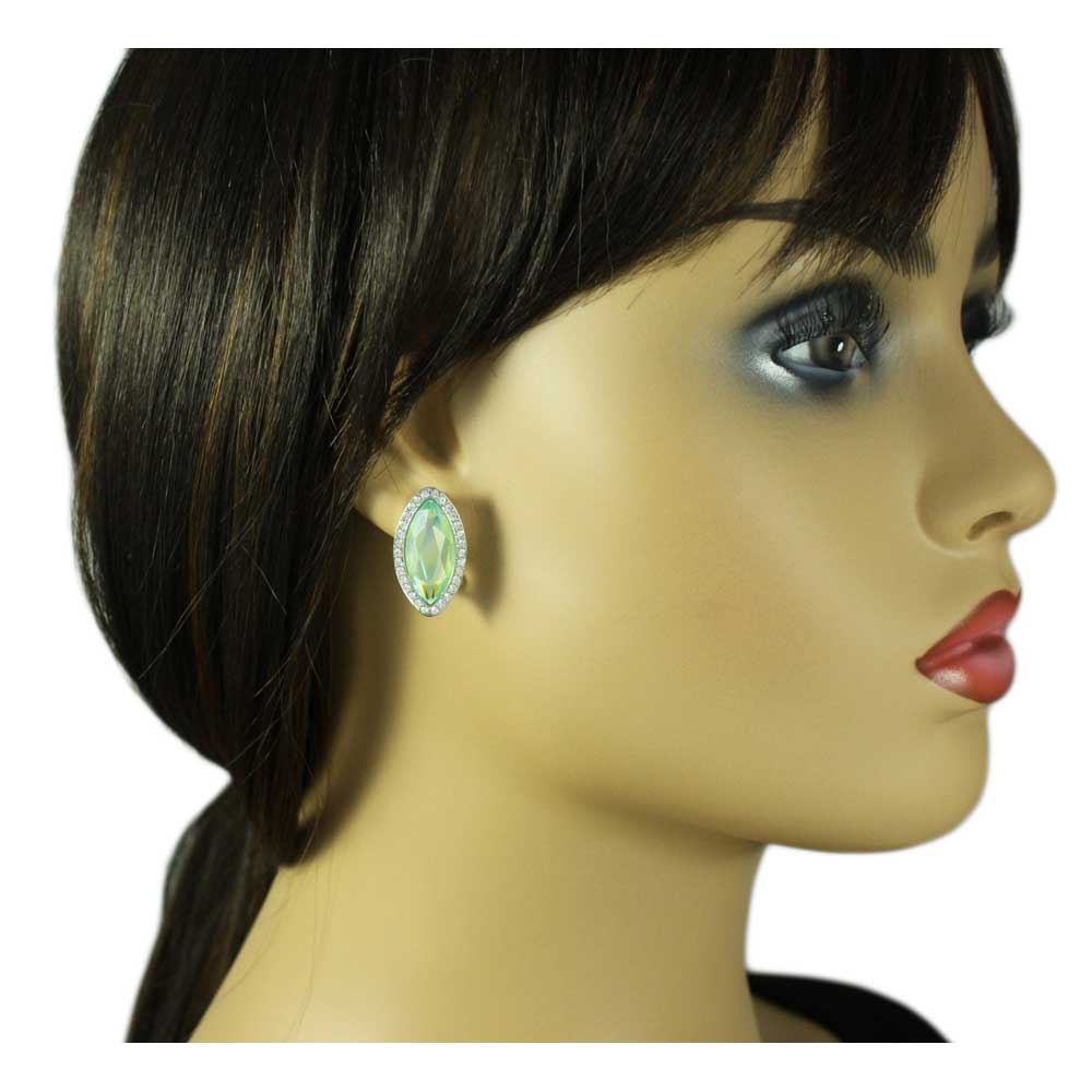 Light Green Marquis Glass with Clear Crystals Clip Earring - REC281C - Lilylin Designs