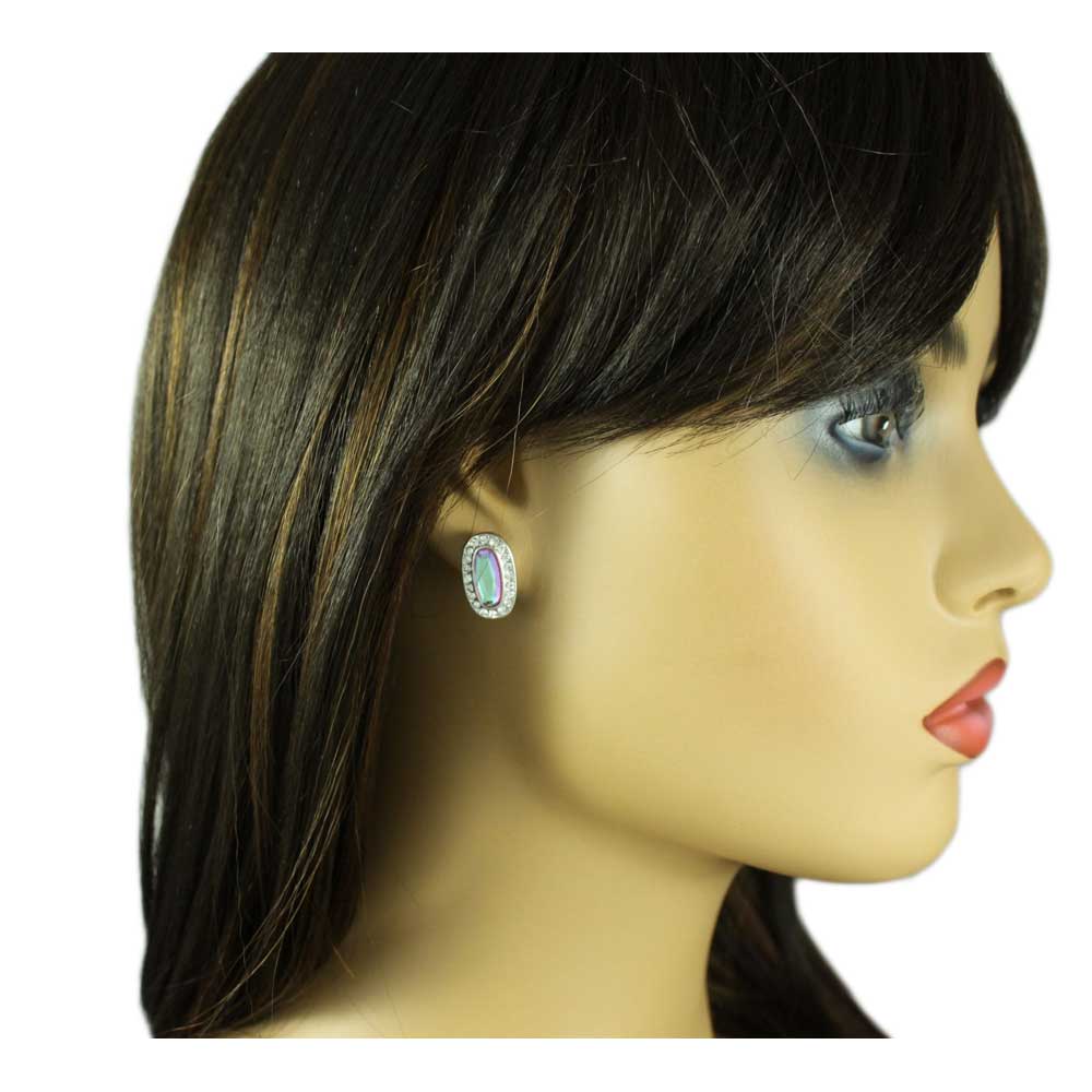 Purple Iridescent Glass and Crystal Oval Pierced Earring - REC283 - Lilylin Designs