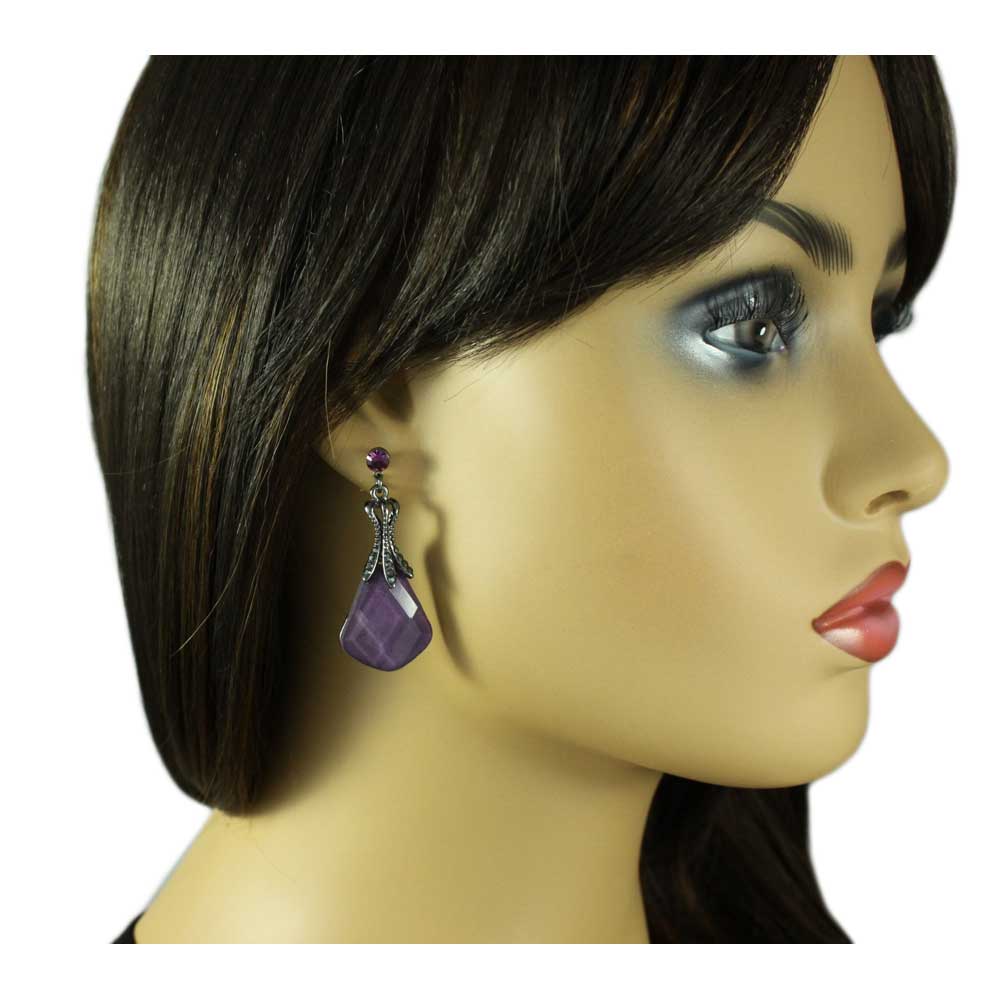 Purple Acrylic Teardrop Stone Dangling Pierced Earring - REC308 - Lilylin Designs
