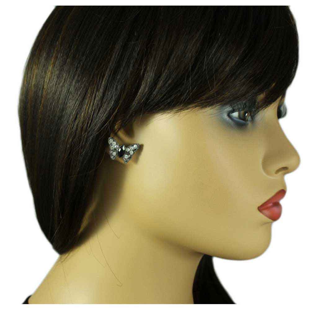 Gray Crystal and Black Butterfly Stud Pierced Earring - REC404 - Lilylin Designs