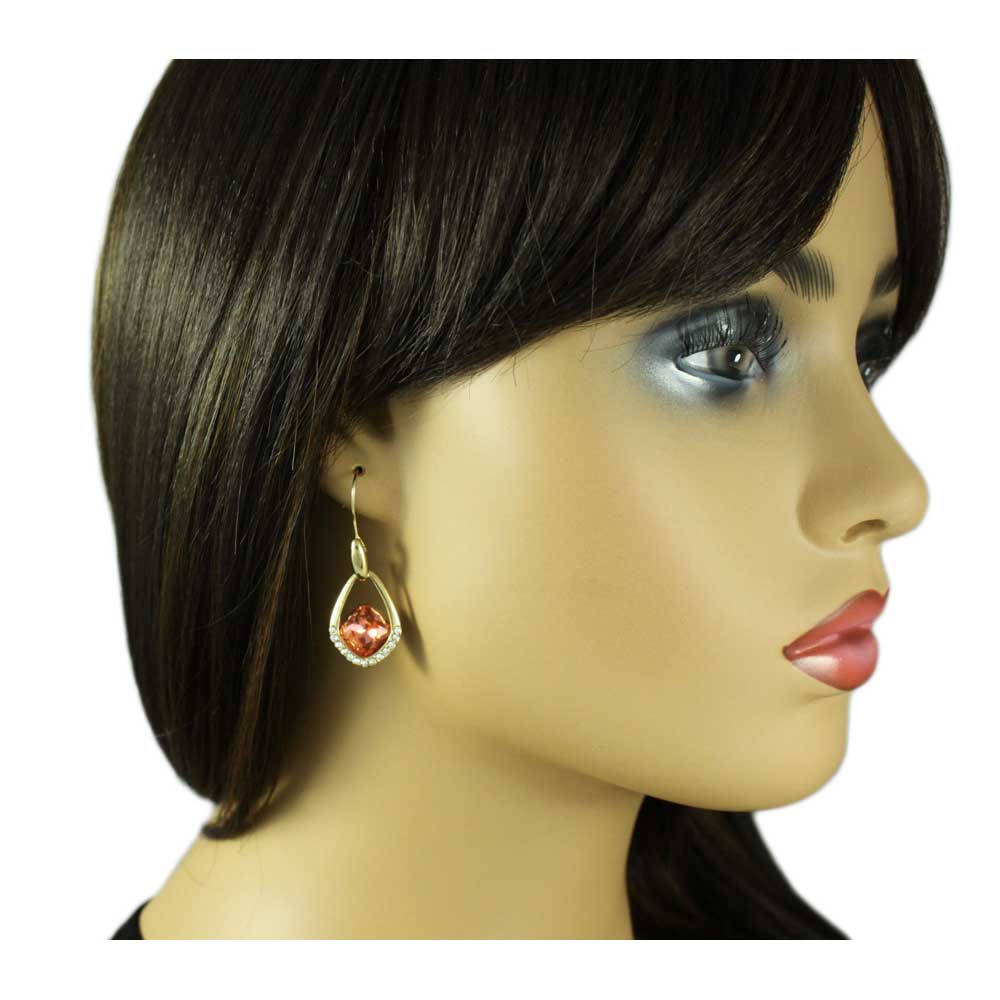 Open Teardrop with Orange Crystal Dangling Pierced Earring - REC406 - Lilylin Designs