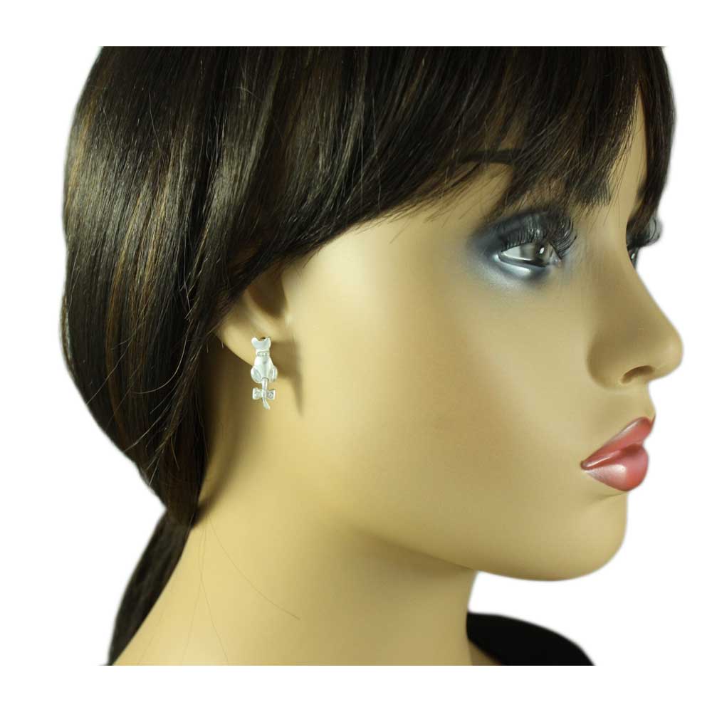 Frosted Silver - tone Cat with Crystal Bow on Tail Pierced Earring - REC409 - Lilylin Designs