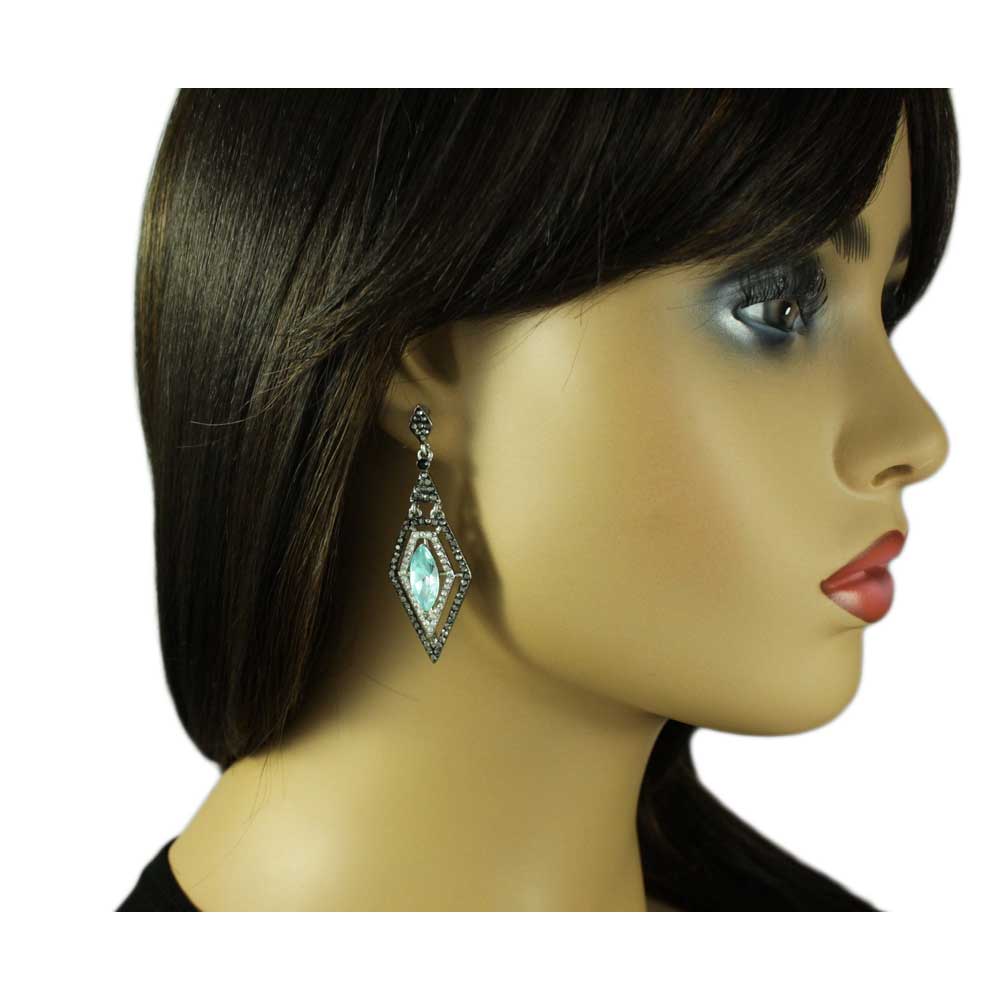 Diamond Shape Aqua Crystal Dangling Pierced Earring - REC411 - Lilylin Designs