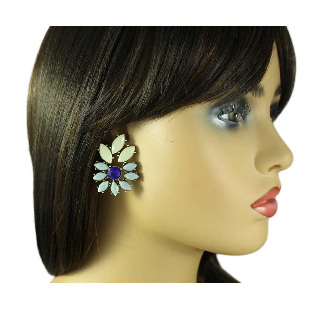 Blue and Cream Acrylic Stones with Blue Crystal Pierced Earring - REC412 - Lilylin Designs