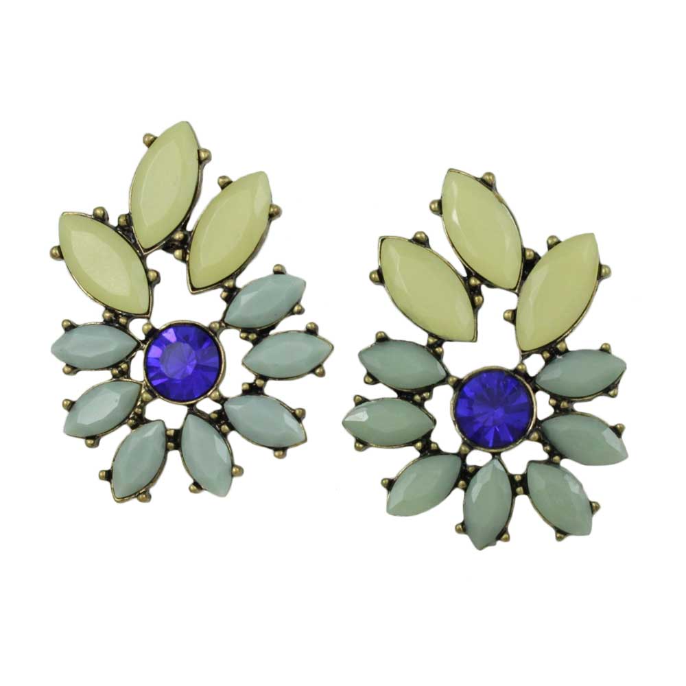 Blue and Cream Acrylic Stones with Blue Crystal Pierced Earring - REC412 - Lilylin Designs