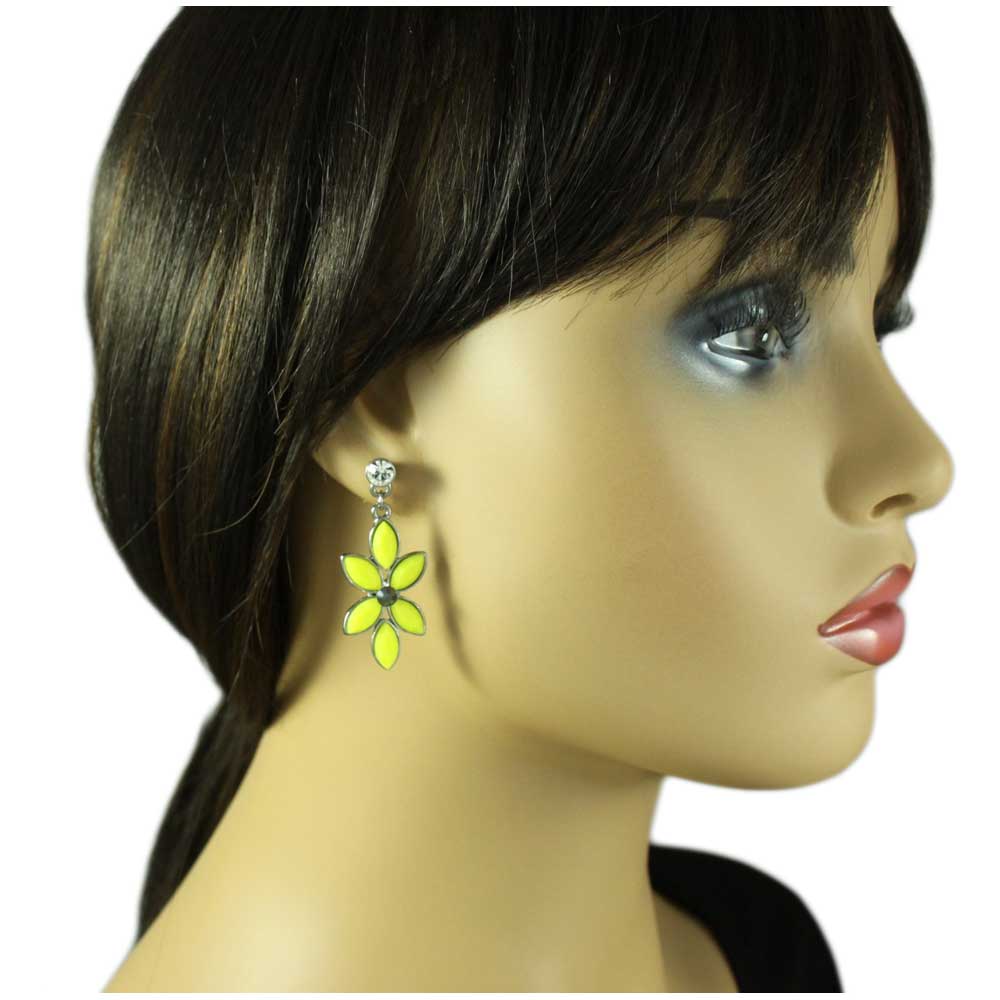Yellow Flower with Gray Crystal Dangling Pierced Earring - REC413 - Lilylin Designs