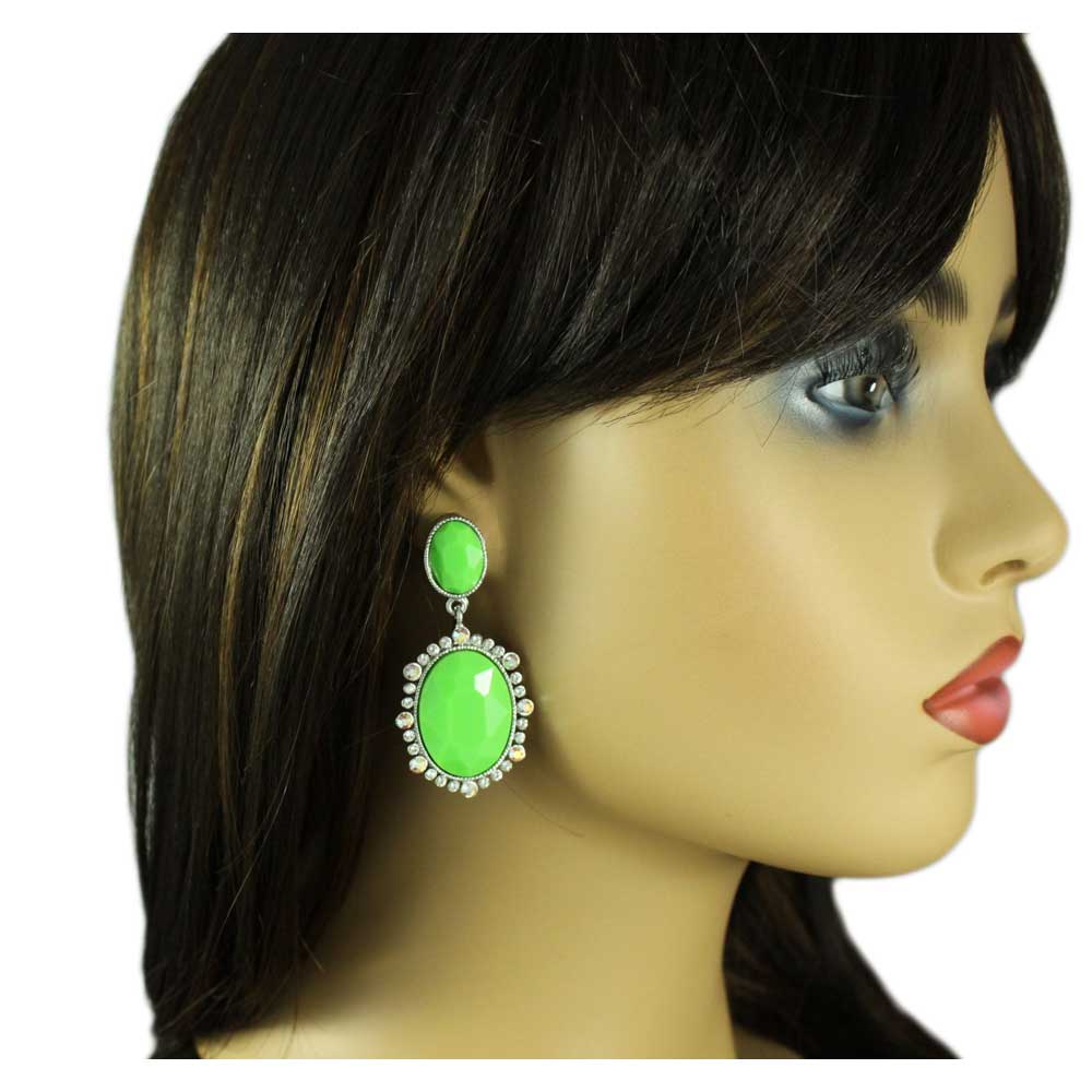 Lime Green Ovals with Crystals Dangling Pierced Earring - REC414 - Lilylin Designs